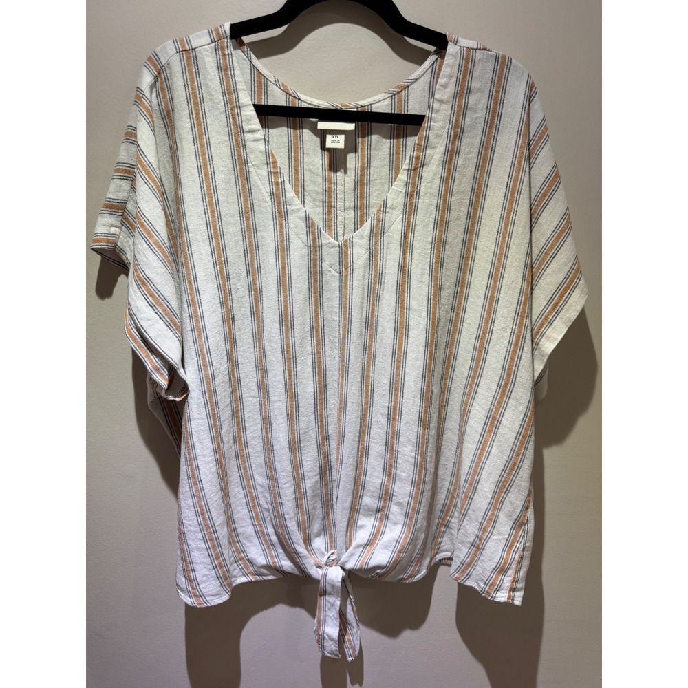 Ava & Viv Womens XXL Linen Blend Striped V-Neck Front Tie Top Orange White